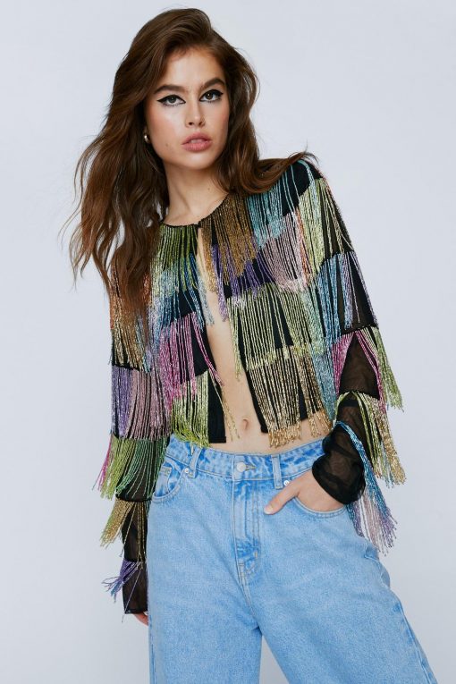 Going Out Jackets Multi Color Patchwork Beaded Jacket -The Partys Outfit womens multi multi color patchwork beaded jacket 1