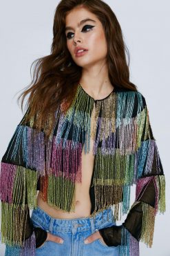 Going Out Jackets Multi Color Patchwork Beaded Jacket -The Partys Outfit womens multi multi color patchwork beaded jacket 3