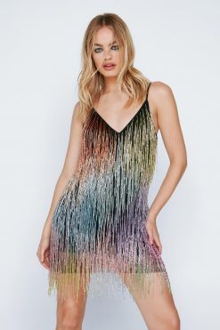 Sequin Dresses Multi Fringe Beaded Strappy Mini Dress -The Partys Outfit womens multi multi fringe beaded strappy mini dress 3