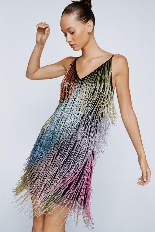 Sequin Dresses Petite Multi Fringe Beaded Strappy Mini Dress -The Partys Outfit womens multi petite multi fringe beaded strappy mini dress 3