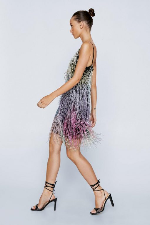 Sequin Dresses Petite Multi Fringe Beaded Strappy Mini Dress -The Partys Outfit womens multi petite multi fringe beaded strappy mini dress