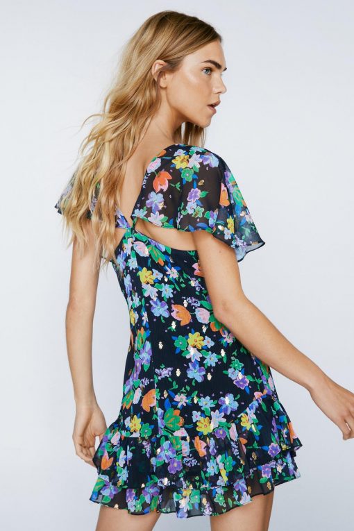 Shift Dresses Foiled Floral Print Ruffle Hem Mini Dress -The Partys Outfit womens navy foiled floral print ruffle hem mini dress 2