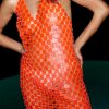 Club Wear Neon Disc Chainmail Sequin Halter Mini Dress -The Partys Outfit womens neon pink neon disc chainmail sequin halter mini dress