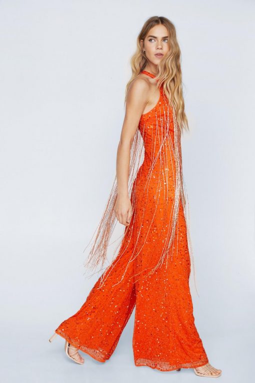 Jumpsuits Beaded Tassel Wide Leg Jumpsuit -The Partys Outfit womens orange beaded tassel wide leg jumpsuit 1