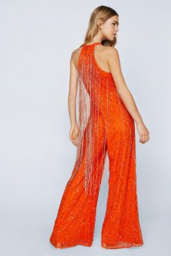 Jumpsuits Beaded Tassel Wide Leg Jumpsuit -The Partys Outfit womens orange beaded tassel wide leg jumpsuit 2