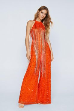 Jumpsuits Beaded Tassel Wide Leg Jumpsuit -The Partys Outfit womens orange beaded tassel wide leg jumpsuit 3