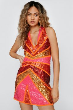 Sequin Dresses Sequin Colorblock Plunge Mini Dress -The Partys Outfit womens orange embellished colorblock plunge mini dress 2