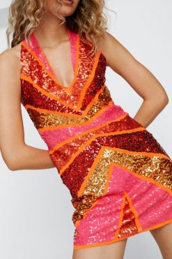 Sequin Dresses Sequin Colorblock Plunge Mini Dress -The Partys Outfit womens orange embellished colorblock plunge mini dress