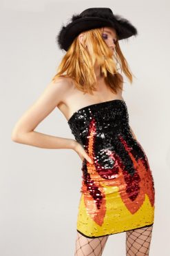 Sequin Dresses Flame Sequin Bandeau Bodycon Dress -The Partys Outfit womens orange flame sequin bandeau bodycon dress 3