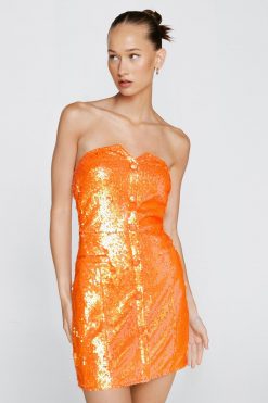 Sequin Dresses Sequin Tailored Bandeau Mini Dress -The Partys Outfit womens orange sequin tailored bandeau mini dress