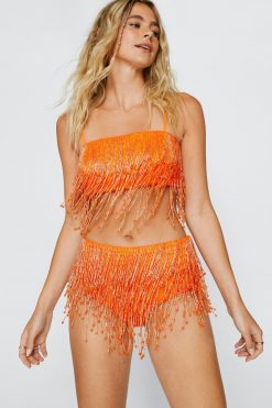 Sequin Pants Sequin Tassel Bralette And Panties Two Piece Set -The Partys Outfit womens orange sequin tassel bralette and panties two piece set