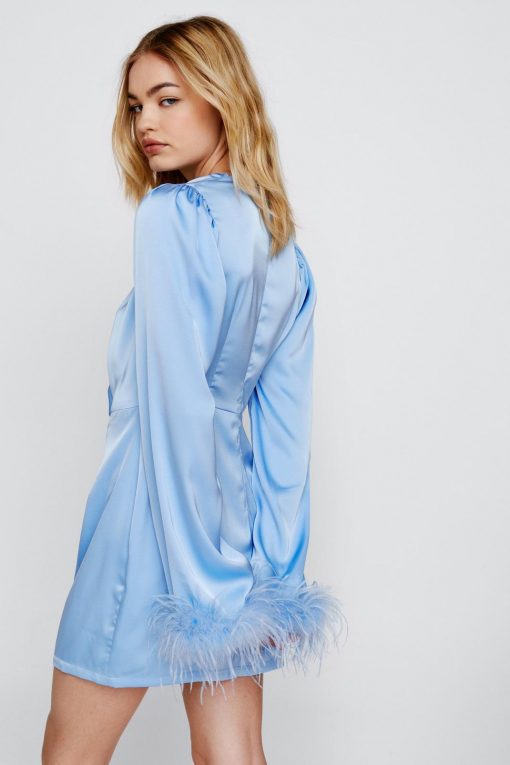 60% Off Dresses, Tops & Footwear! Feather Cuff Satin Tie Front Mini Dress -The Partys Outfit womens pale20blue feather cuff satin tie front mini dress 2