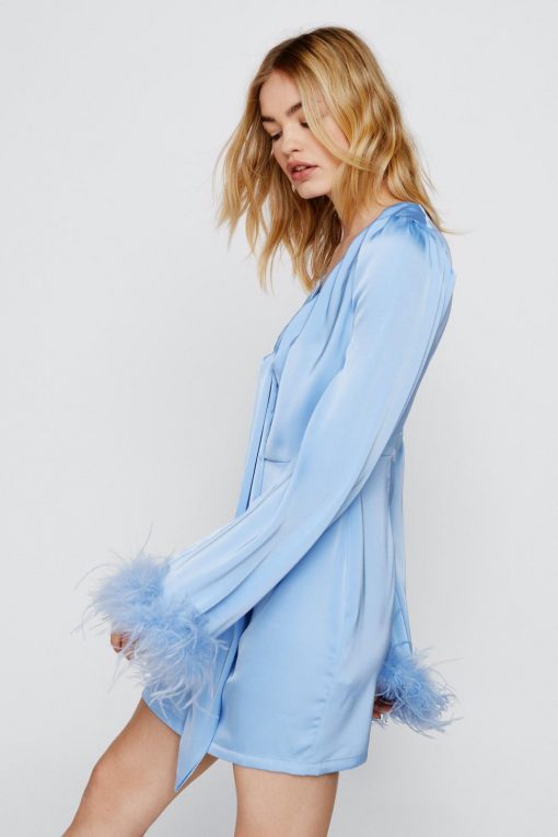 60% Off Dresses, Tops & Footwear! Feather Cuff Satin Tie Front Mini Dress -The Partys Outfit womens pale20blue feather cuff satin tie front mini dress 4