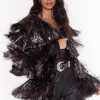 Going Out Jackets Metallic Tiered Tinsel Fringe Open Front Jacket -The Partys Outfit womens pewter metallic tiered tinsel fringe open front jacket