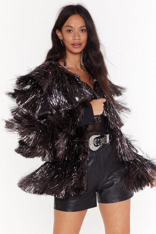 Going Out Jackets Metallic Tiered Tinsel Fringe Open Front Jacket -The Partys Outfit womens pewter metallic tiered tinsel fringe open front jacket