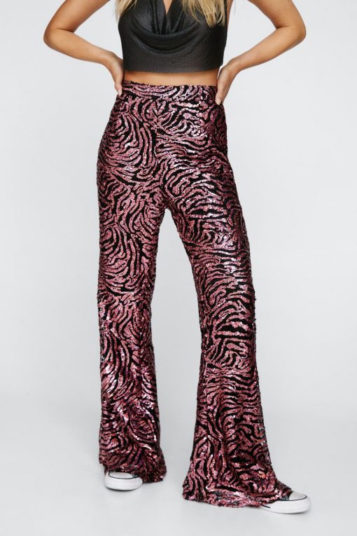 Party Outfits Abstract Animal Sequin Disco Flared Pants -The Partys Outfit womens pink abstract animal sequin disco flared pants 1