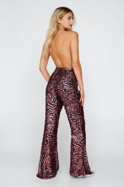 Party Outfits Abstract Animal Sequin Disco Flared Pants -The Partys Outfit womens pink abstract animal sequin disco flared pants 2