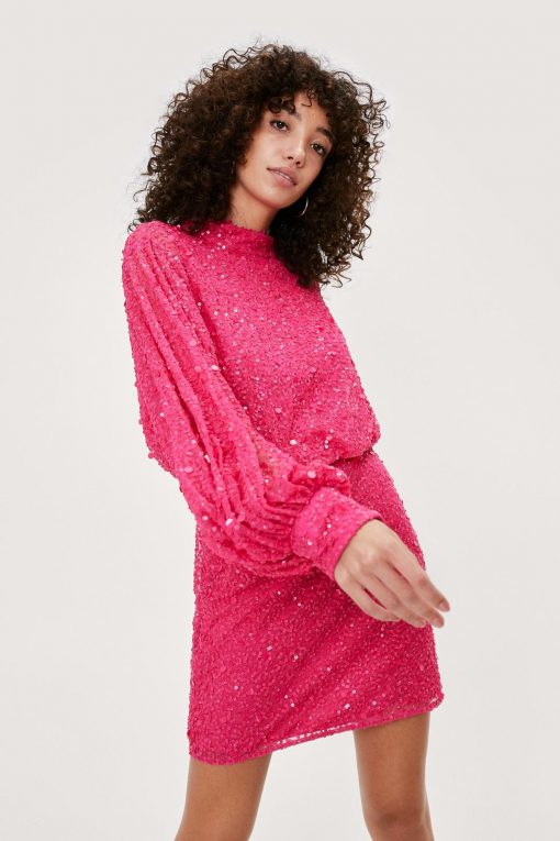 Sequin Dresses Balloon Sleeve Sequin Embellished Mini Dress -The Partys Outfit womens pink balloon sleeve sequin embellished mini dress 1