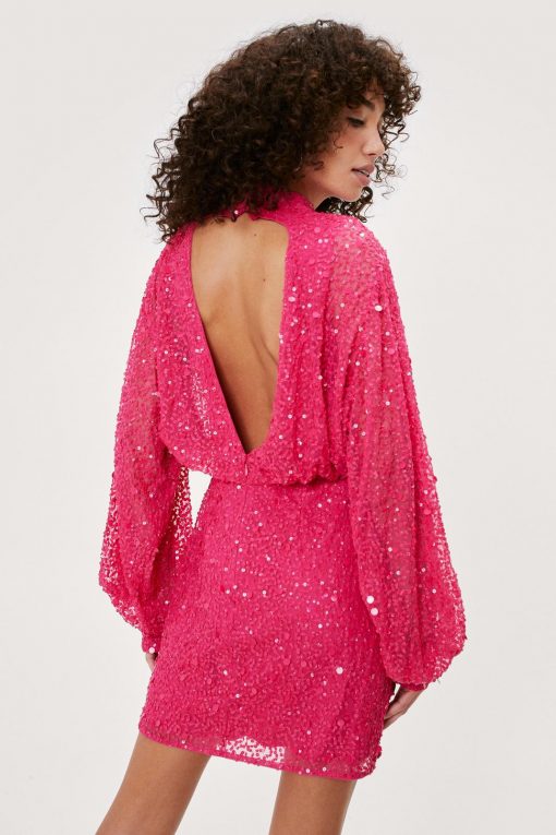 Sequin Dresses Balloon Sleeve Sequin Embellished Mini Dress -The Partys Outfit womens pink balloon sleeve sequin embellished mini dress 2