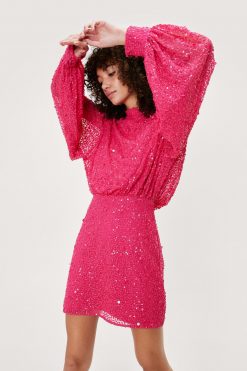 Sequin Dresses Balloon Sleeve Sequin Embellished Mini Dress -The Partys Outfit womens pink balloon sleeve sequin embellished mini dress 3