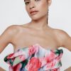 Party Outfits Blurred Floral Print Bandeau Ruffle Mini Dress -The Partys Outfit womens pink blurred floral print bandeau ruffle mini dress