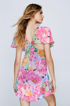 Shift Dresses Foiled Floral Print Ruffle Hem Mini Dress -The Partys Outfit womens pink foiled floral print ruffle hem mini dress 2