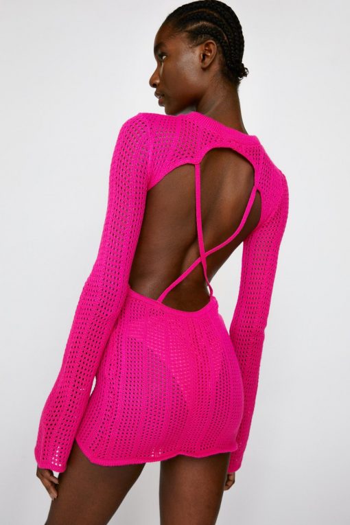 Bodycon Dresses Knitted Backless Mini Cover Up Dress -The Partys Outfit womens pink knitted backless mini cover up dress 3