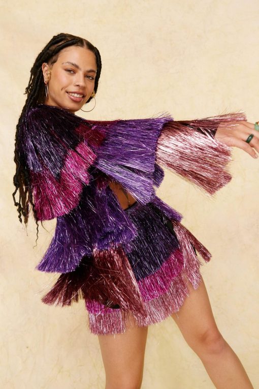 Going Out Jackets Metallic Tiered Fringe Open Front Jacket -The Partys Outfit womens pink metallic tiered fringe open front jacket 1