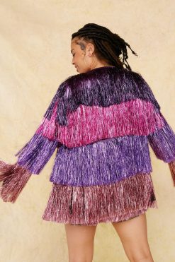 Going Out Jackets Metallic Tiered Fringe Open Front Jacket -The Partys Outfit womens pink metallic tiered fringe open front jacket 2