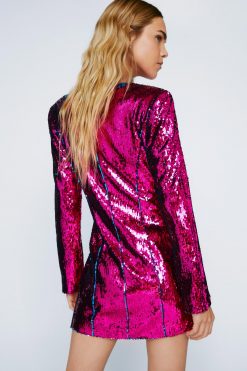 Sequin Dresses Premium Plunge Sequin Mini Dress -The Partys Outfit womens pink premium plunge sequin mini dress 2