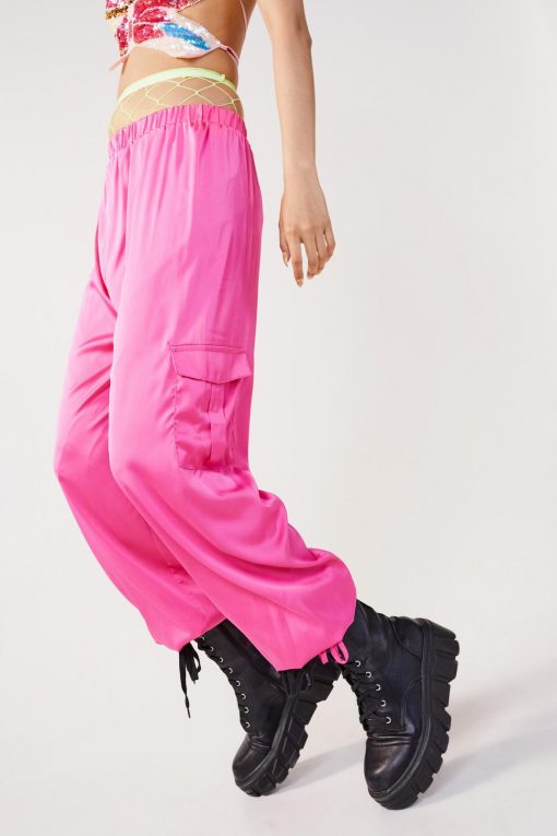 Going Out Pants Satin Double Pocket Cargo Pants -The Partys Outfit womens pink satin double pocket cargo pants 1