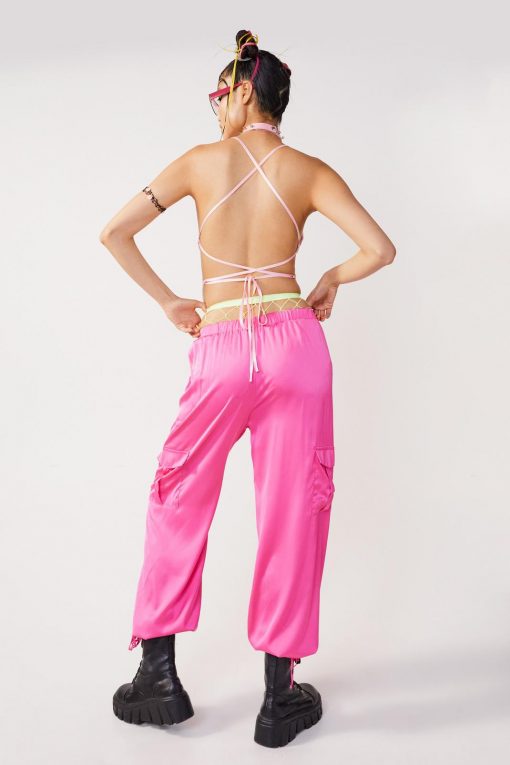 Going Out Pants Satin Double Pocket Cargo Pants -The Partys Outfit womens pink satin double pocket cargo pants 2