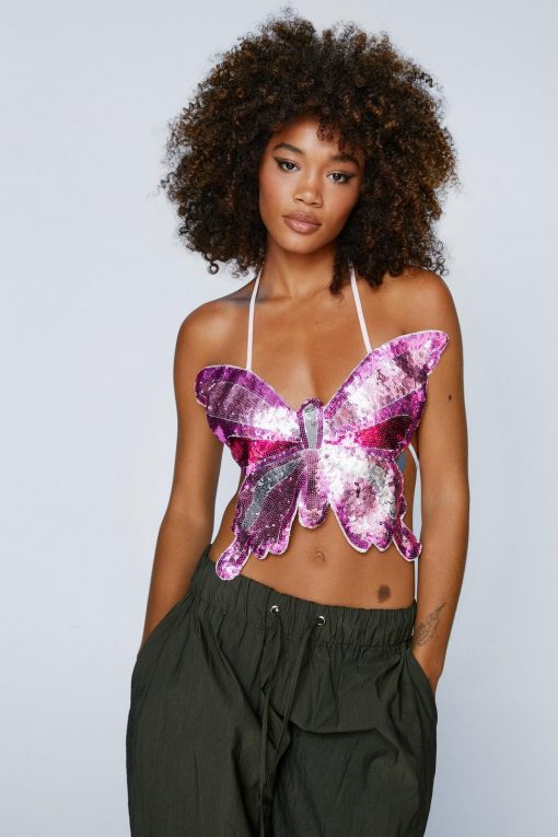 Party Outfits Sequin Butterfly Tie Detail Top -The Partys Outfit womens pink sequin butterfly tie detail top 1