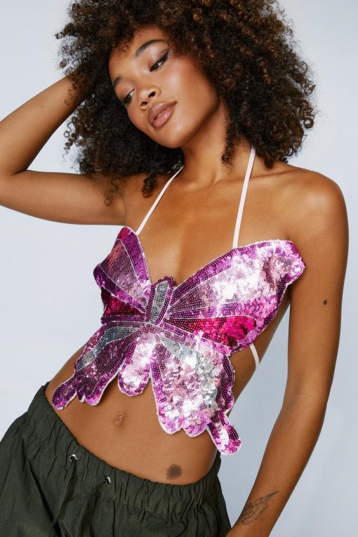 Party Outfits Sequin Butterfly Tie Detail Top -The Partys Outfit womens pink sequin butterfly tie detail top 3