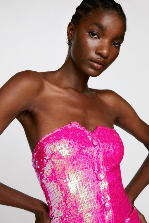 Sequin Dresses Sequin Tailored Bandeau Mini Dress -The Partys Outfit womens pink sequin tailored bandeau mini dress 1