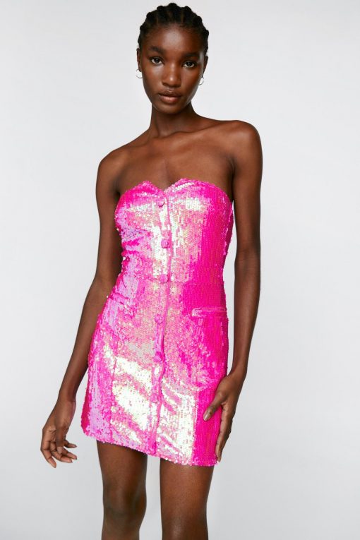 Sequin Dresses Sequin Tailored Bandeau Mini Dress -The Partys Outfit womens pink sequin tailored bandeau mini dress 6