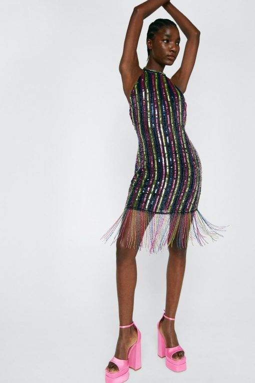 Party Dresses Sequin Stripe Fringe Hem Mini Dress -The Partys Outfit womens purple sequin stripe fringe hem mini dress 3