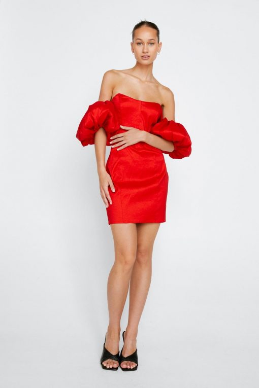 Formal Wear Bardot Taffeta Mini Dress -The Partys Outfit womens red bardot taffeta mini dress 4