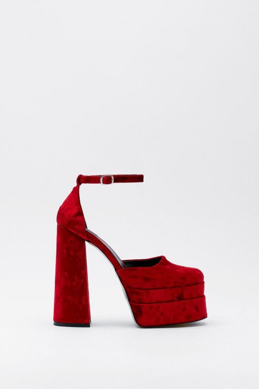 Club Wear Crushed Velvet Double Platform Heels -The Partys Outfit womens red crushed velvet double platform heels 1