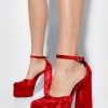 Club Wear Crushed Velvet Double Platform Heels -The Partys Outfit womens red crushed velvet double platform heels