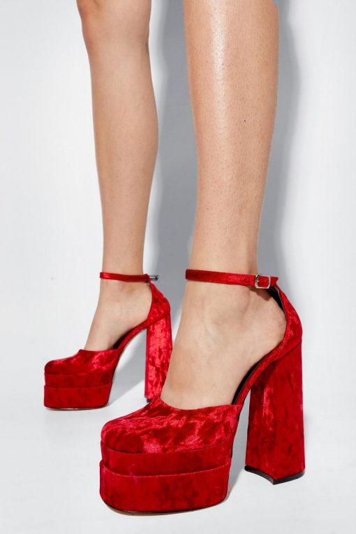 Club Wear Crushed Velvet Double Platform Heels -The Partys Outfit womens red crushed velvet double platform heels