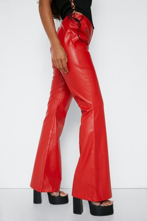 Faux Leather High Waisted Flared Pants -The Partys Outfit womens red faux leather high waisted flared pants 1