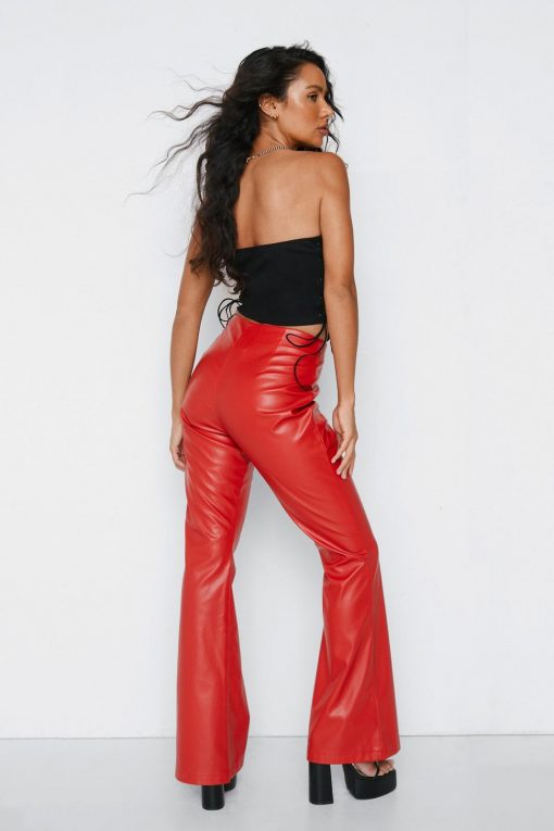 Faux Leather High Waisted Flared Pants -The Partys Outfit womens red faux leather high waisted flared pants 2