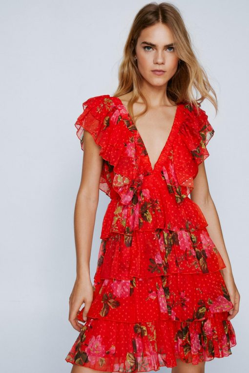 Fit & Flare Dresses Floral Print Dobby Ruffle Mini Dress -The Partys Outfit womens red floral print dobby ruffle mini dress 1