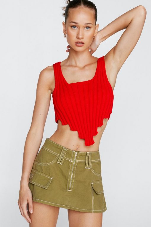 Tops Ribbed Asymmetric Hem Knitted Crop Top -The Partys Outfit womens red ribbed asymmetric hem knitted crop top 1