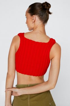 Tops Ribbed Asymmetric Hem Knitted Crop Top -The Partys Outfit womens red ribbed asymmetric hem knitted crop top 2