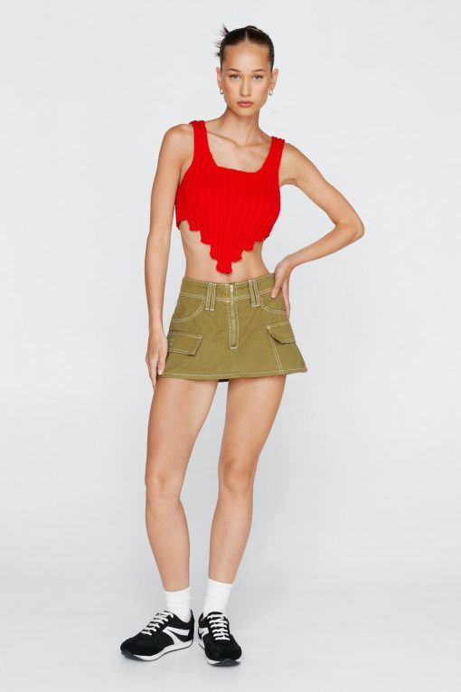 Tops Ribbed Asymmetric Hem Knitted Crop Top -The Partys Outfit womens red ribbed asymmetric hem knitted crop top 3