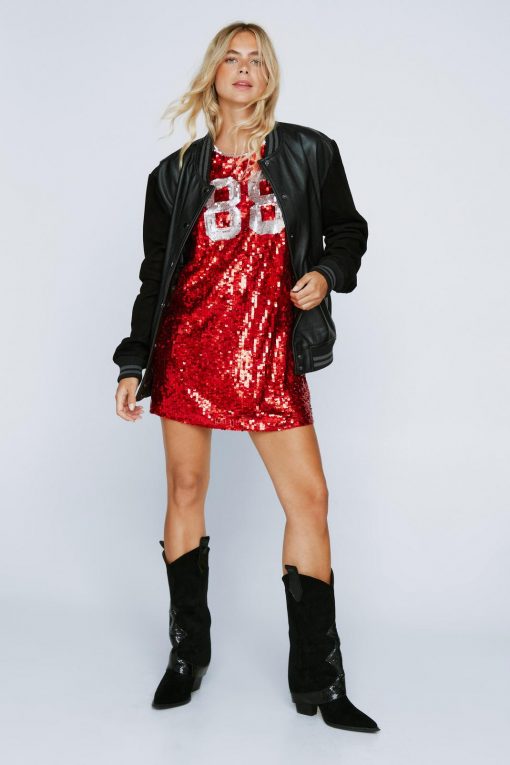 T-Shirt Dresses Sequin Varsity Vest Dress -The Partys Outfit womens red sequin varsity vest dress 3