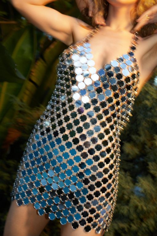 New Disc Chainmail Sequin Halter Mini Dress -The Partys Outfit womens silver disc chainmail sequin halter mini dress 1