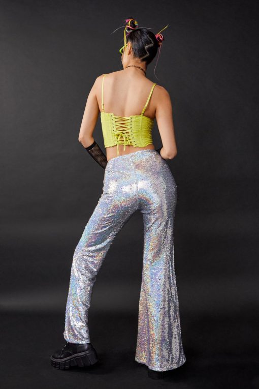 Mermaid Iridescent Sequin Flare Pants -The Partys Outfit womens silver mermaid iridescent sequin flare pants 2